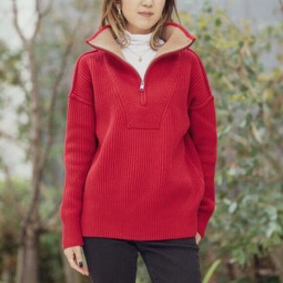 Banana Republic Oversized Half Zip Wool Blend Red Sweater Size Medium - Picture 3 of 9